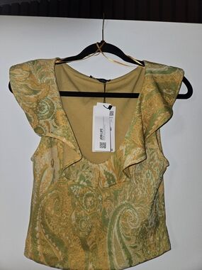 Zara Yellow and Green Paisley Ruffle Tank